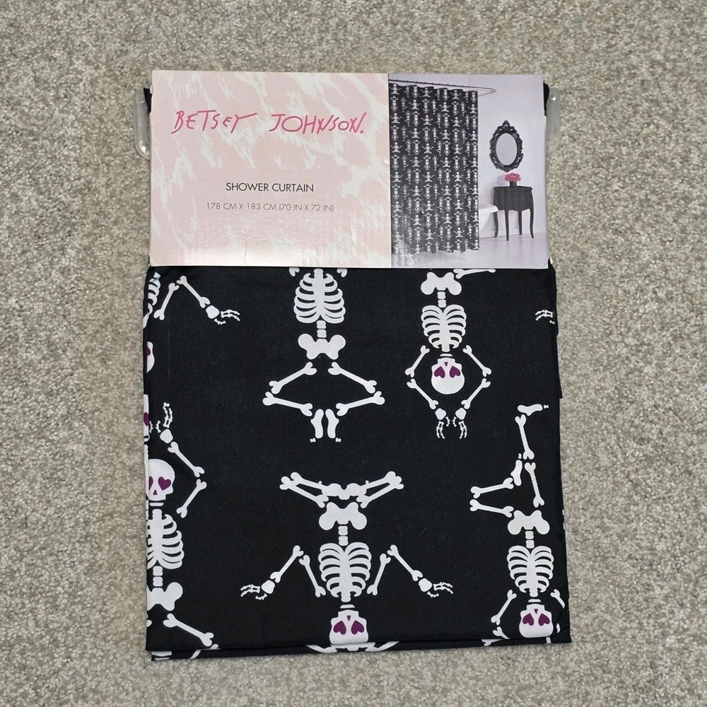 Betsey Johnson Yoga Halloween Skeletons w/Heart Eyes Fabric Black Shower Curtain